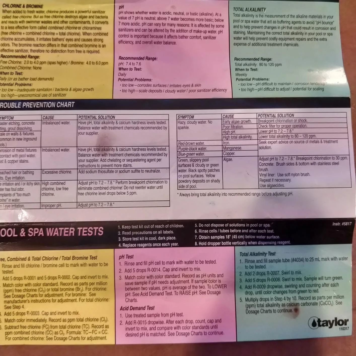 Customer photo of pool test strip color results compared to reference chart