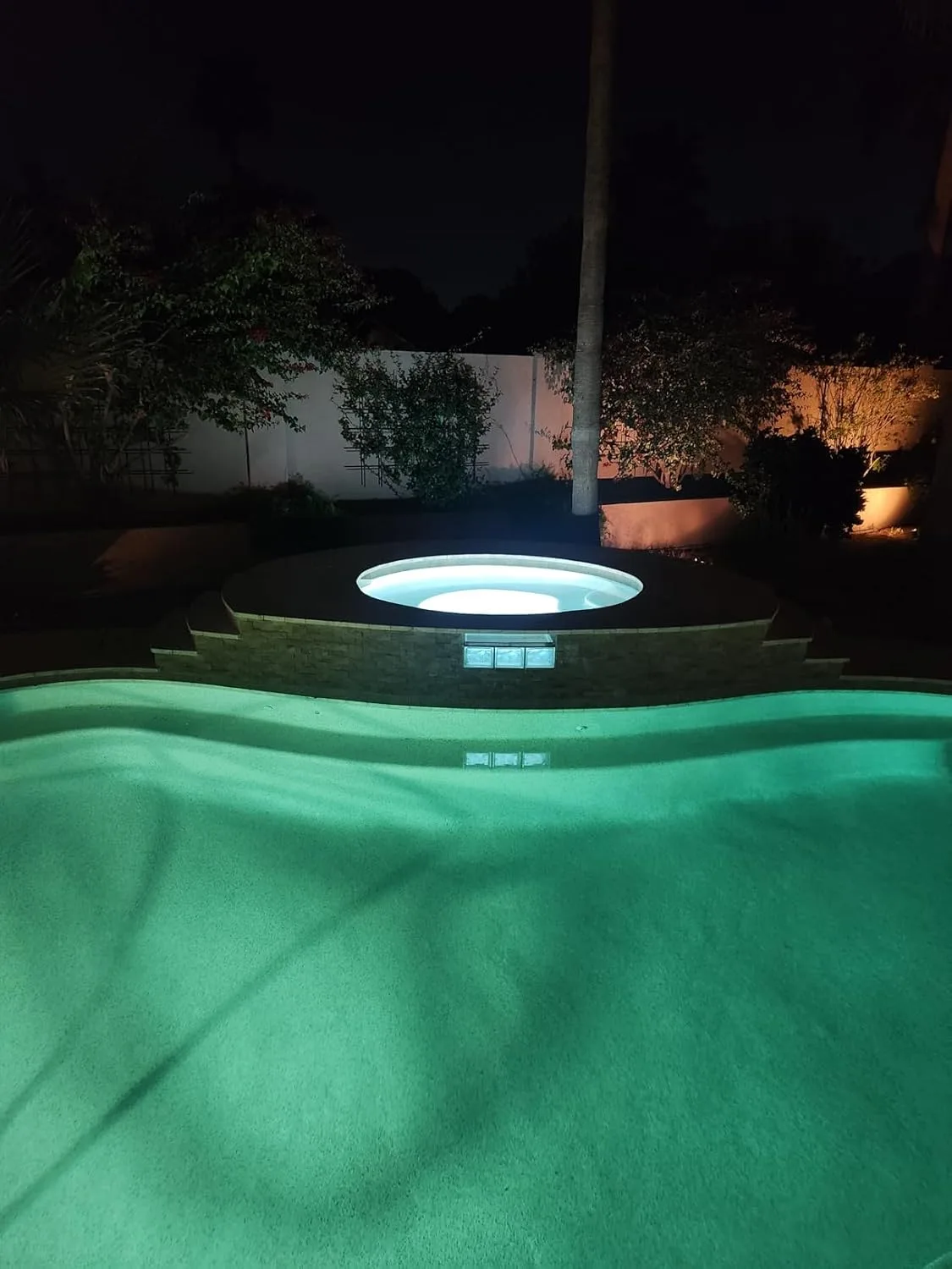 Customer photo of underwater LED lights illuminating a swimming pool at night