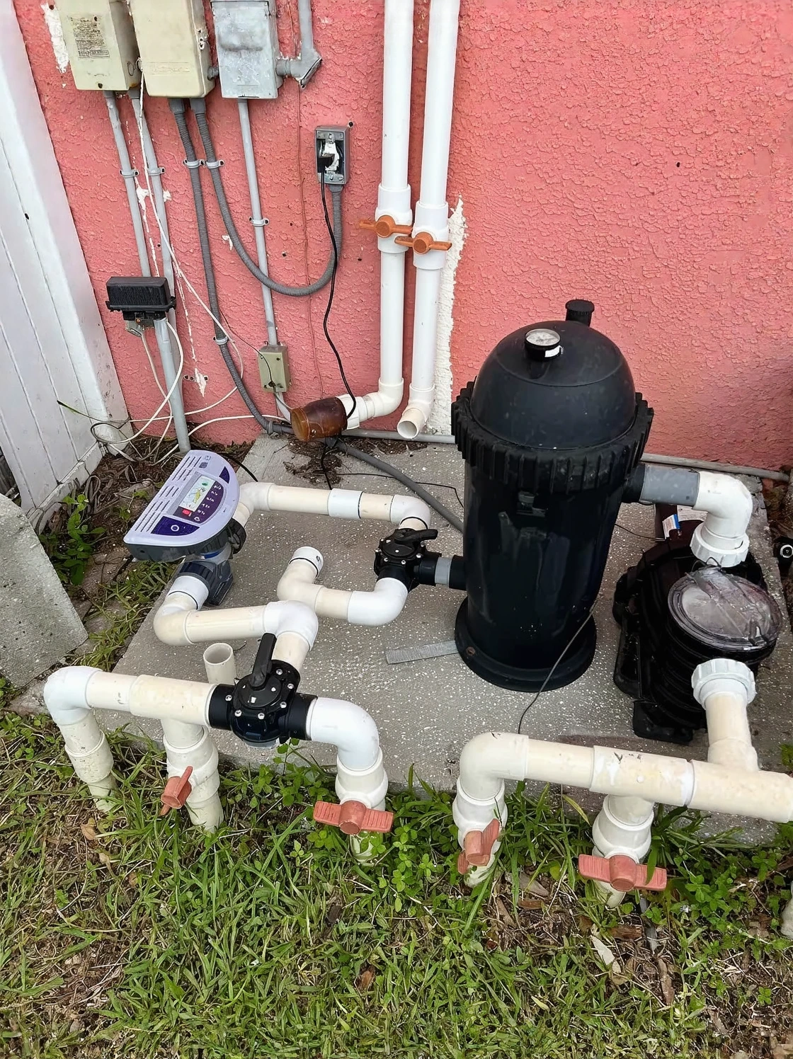 Customer photo of saltwater pool testing kit showing pH and chlorine level measurements